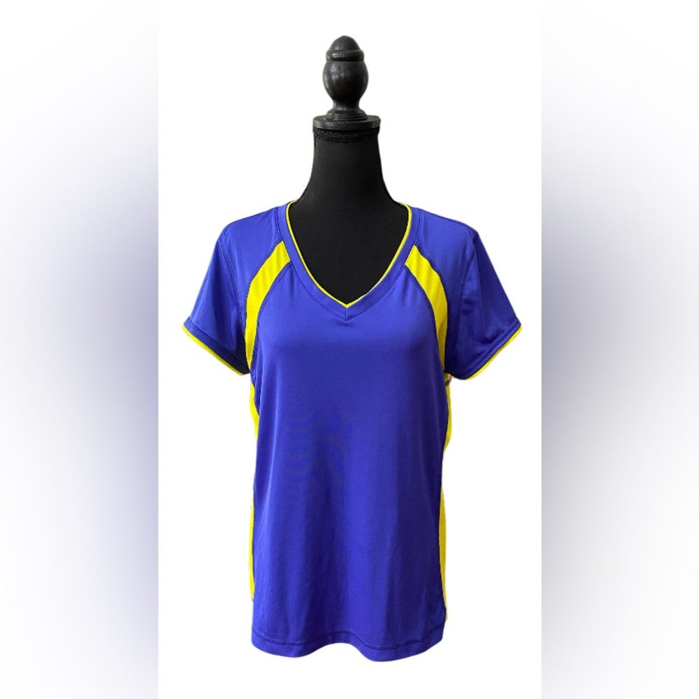 Tek Gear: Purple and Fluorescent Yellow Athletic Wear V Neck Tee Shirt